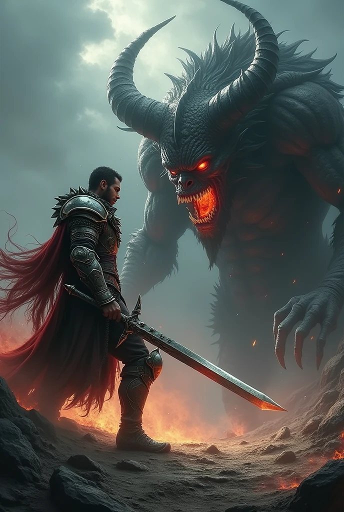 A warrior fighting a fearsome demon.