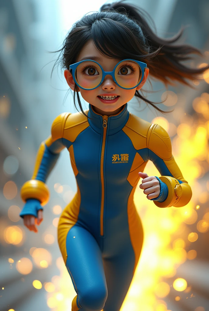 Chinese girl average  wear jumpa shuit high tech(( blue yellow)). Running effect. Glowing yellow power. Runfast effect. Wear blue big glasses big frame. Braces teeth. Boleh background. Panning effect. Yellow high tech watch.