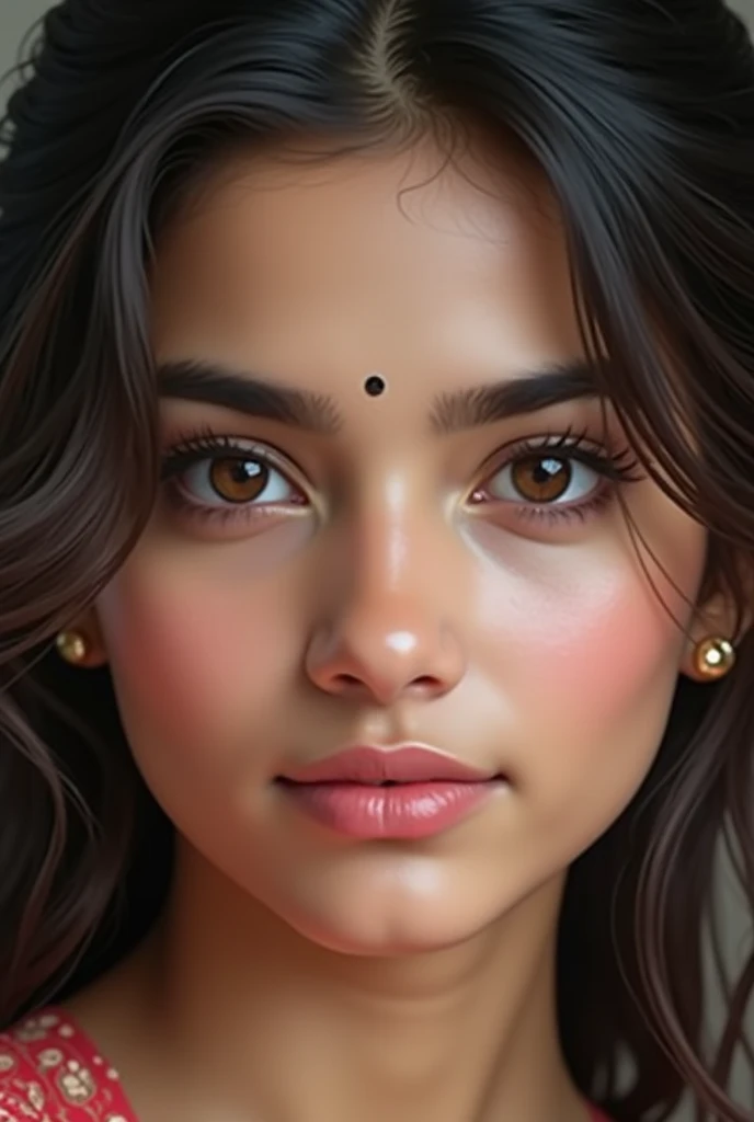 (photorealism:1.2)bangladeshi girl's face:

Her face is soft yet striking, with a porcelain-like, fair complexion that seems to glow with an inner warmth. She has deep, soulful eyes, usually a dark shade of brown or hazel, framed by long, thick lashes that give her gaze an alluring intensity. Her eyebrows are full and gracefully shaped, adding to her refined and expressive look. Her nose is elegant and slightly pronounced, adding character to her face. Her high cheekbones taper down to a delicate, rounded chin. Her lips are full and naturally pink, often set in a subtle, thoughtful smile. The harmony of her features reflects a blend of grace and mystique.