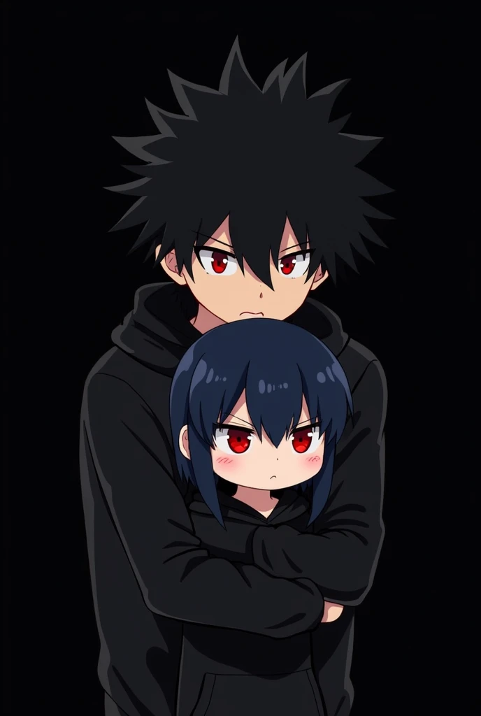 A boy ((( Anime boy , Spiky hair , black hair , black hoodie , blood red eyes , narrowed eye
))) , A girl ((( Anime girl , dark blue hair , modern day mullet hair style , black hoodie , red eyes , almond eye
))) , boy protects the girl , girl hides behind the boy , chibi , black background