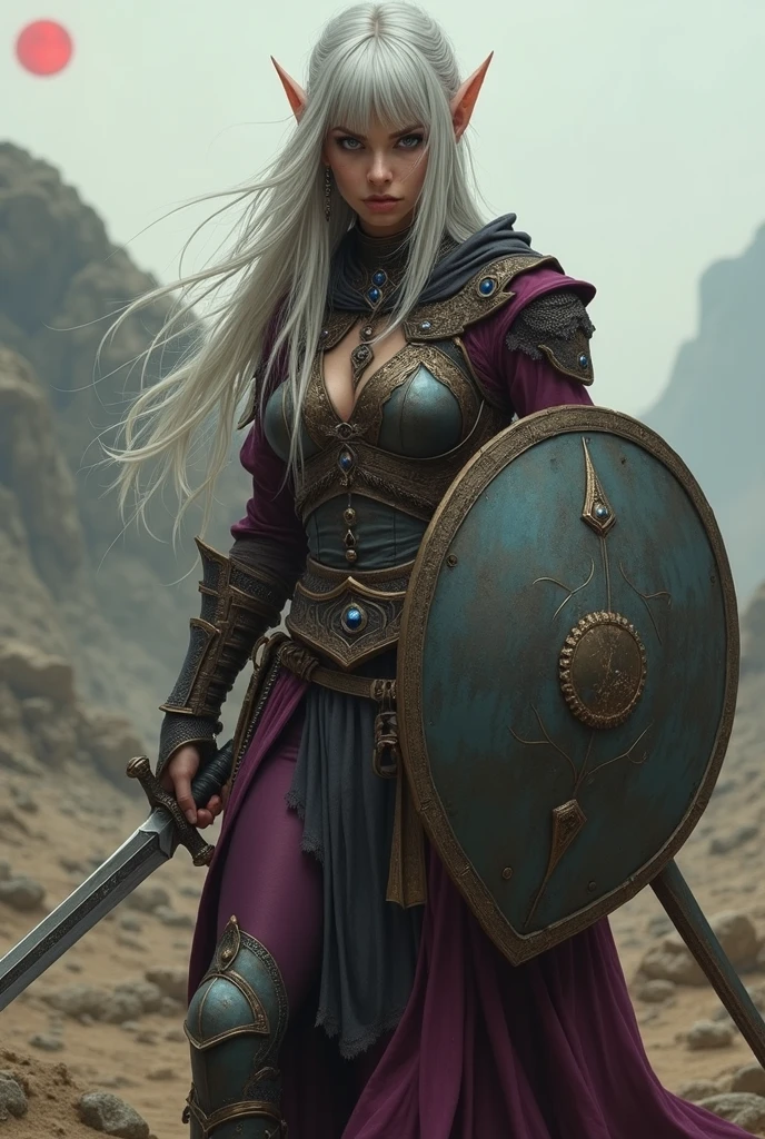 (super detailed faces, averted eyes, fantasy illustrations with gothic, ukiyoe, and comic art, rich colors), BREAK (this is a "city of ashes" in ruins. It was once a medieval European-style fortified city. Red moonlight illuminates the ruined earth); BREAK (Dark Elf: middle-aged Dark Elf woman with silver hair, blunt bangs, very long messy hair, dark purple skin, and lavender eyes); BREAK (Dark Elf female warrior wearing blue jeweled hair ornament and copper armor); , BREAK (female dark elf warrior in red moonlight) BREAK (female dark elf warrior holds slender long sword at an angle, roars and swings the sword sideways),