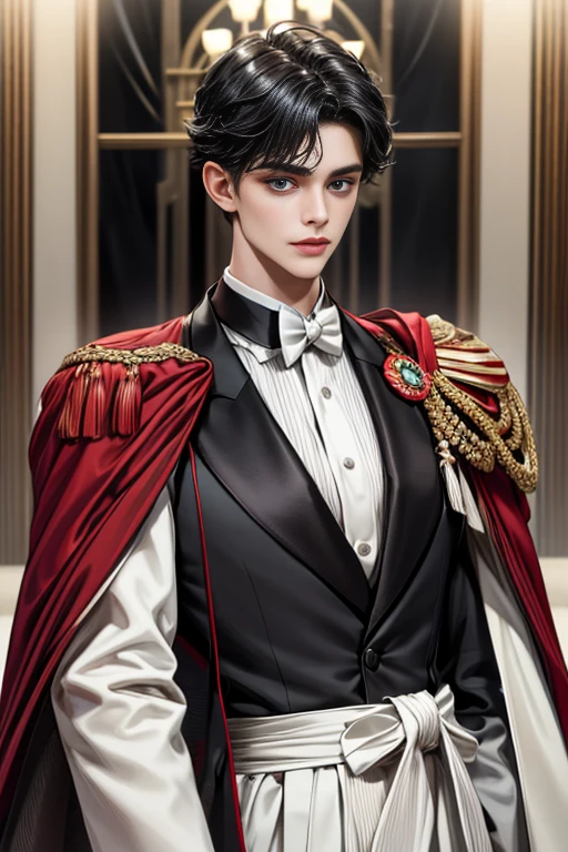 masterpiece, 最high quality, high quality, 1 boy, alone, Male focus, Upper Body,Watching the audience, Messy black hair, Adorable big blue eyes, White, Noble, Noble,A black and red cape that is bursting with sexy volume、Tuxedo、A very voluminous, large, very large, very large, long, long red and black cape with a high stand-up collar, made of a lot of fabric that reaches down to the floor., ,cute beautiful,Cute, cute, kind, handsome guy
