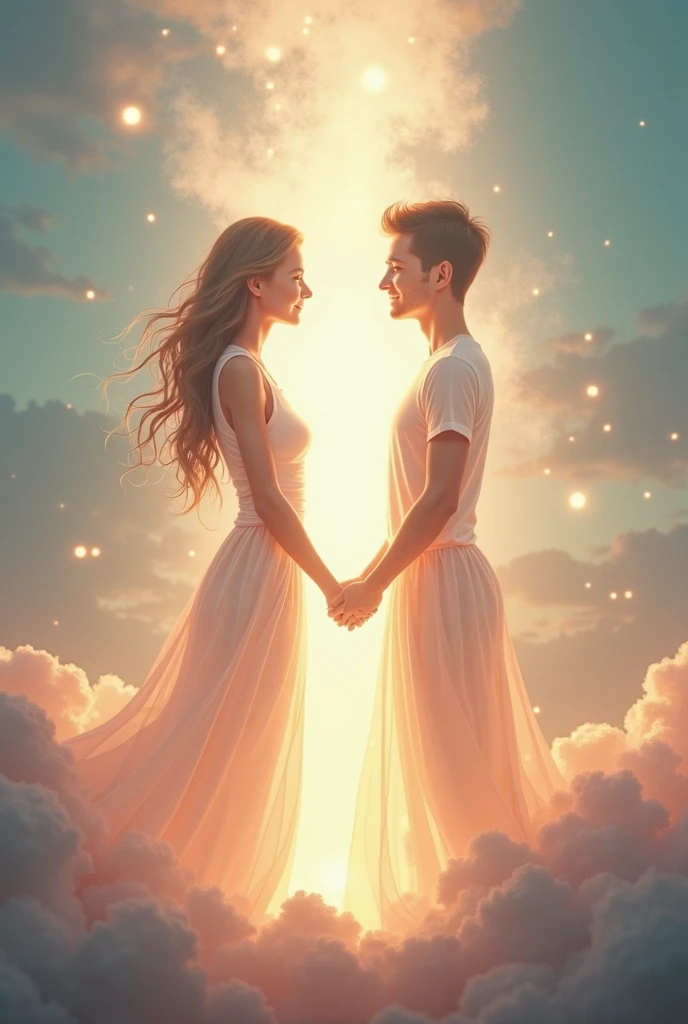 Create an ethereal and heartwarming scene that illustrates the concept of "loving someone without ever meeting them" as described in the quote. The image should depict two luminous, semi-transparent figures or silhouettes of people, representing souls, standing apart in a vast, dreamy landscape with a soft, glowing light. They should be connected by a bright, glowing thread or light beam that symbolizes the attraction between their souls. The background should be abstract, with soft, swirling colors (such as pastels) that give a sense of warmth, connection, and spiritual harmony. The environment should be tranquil, with subtle, flowing elements like mist or light clouds, emphasizing the surreal and emotional nature of the connection.