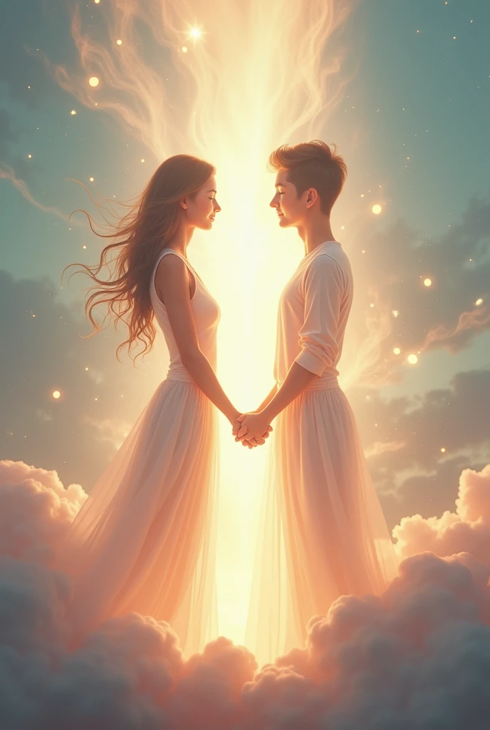 Create an ethereal and heartwarming scene that illustrates the concept of "loving someone without ever meeting them" as described in the quote. The image should depict two luminous, semi-transparent figures or silhouettes of people, representing souls, standing apart in a vast, dreamy landscape with a soft, glowing light. They should be connected by a bright, glowing thread or light beam that symbolizes the attraction between their souls. The background should be abstract, with soft, swirling colors (such as pastels) that give a sense of warmth, connection, and spiritual harmony. The environment should be tranquil, with subtle, flowing elements like mist or light clouds, emphasizing the surreal and emotional nature of the connection.