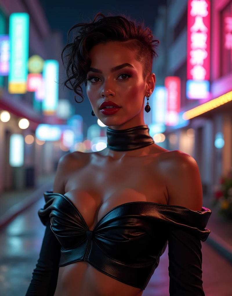 Ultra-realistic movie master pie with ultra-detailed primetime portraits, (最high quality, 8k, table top, Ultra HD)masterpiece,最high quality,high quality,High resolution,perfect dynamic composition,beauty(mixed girl)(madison ivy:0.45)(jessica alba:0.25)(Ariana Grande:0.25) in of a (1girl:1.3 22-year-old)(photo realistic)(Hyper realistic)((Fujicolor,daytime soft lighting)fashion supermodel((best high quality real texture skin)(Highly quality texture hair))((short curly hair((slicked to the two side))Intricately detailed))(perfect proportions)(anatomically correct)(perfect female body)firm normal full breasts,slim face,beautiful cheekbones(slim,swell-muscled body)(Super beautiful face)(realistic face)highly detailed face,absurd(Intricately detailed eyes)(tired and sleepy and satisfied:0.0)a woman's eye with a digital rendering,realistic eyes,perfect round eyes,finely detailed pupils,BREAK(brown_eyes)detailed lips(red_lipstick)(pink_makeup)Wear an off-the-shoulder top,full bodyesbian((Intricately detailed pleated modest leather BDSM costume))dynamic pose(((shot above the knee)))look at the viewer(Erotic)(city night)(neon sign)(night),walking,On the street