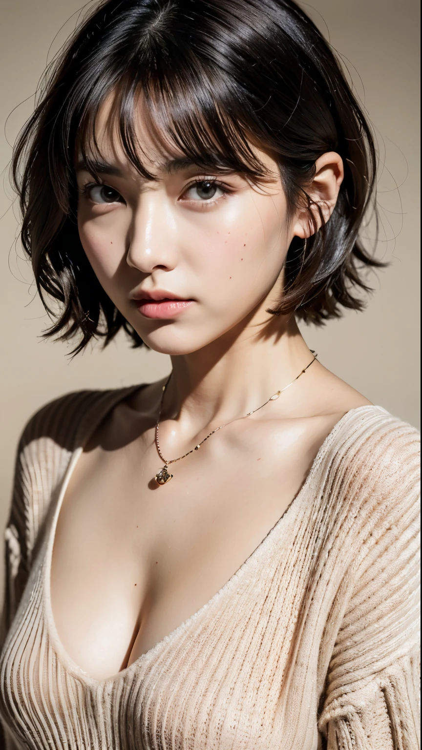 (Best quality, 8k, 32k, Masterpiece, UHD:1.2),Photo of Pretty Japanese woman, large breasts, very short bob hair,upper body,face focus,oversized_sweater, necklace, simple background, from above, looking at viewer,