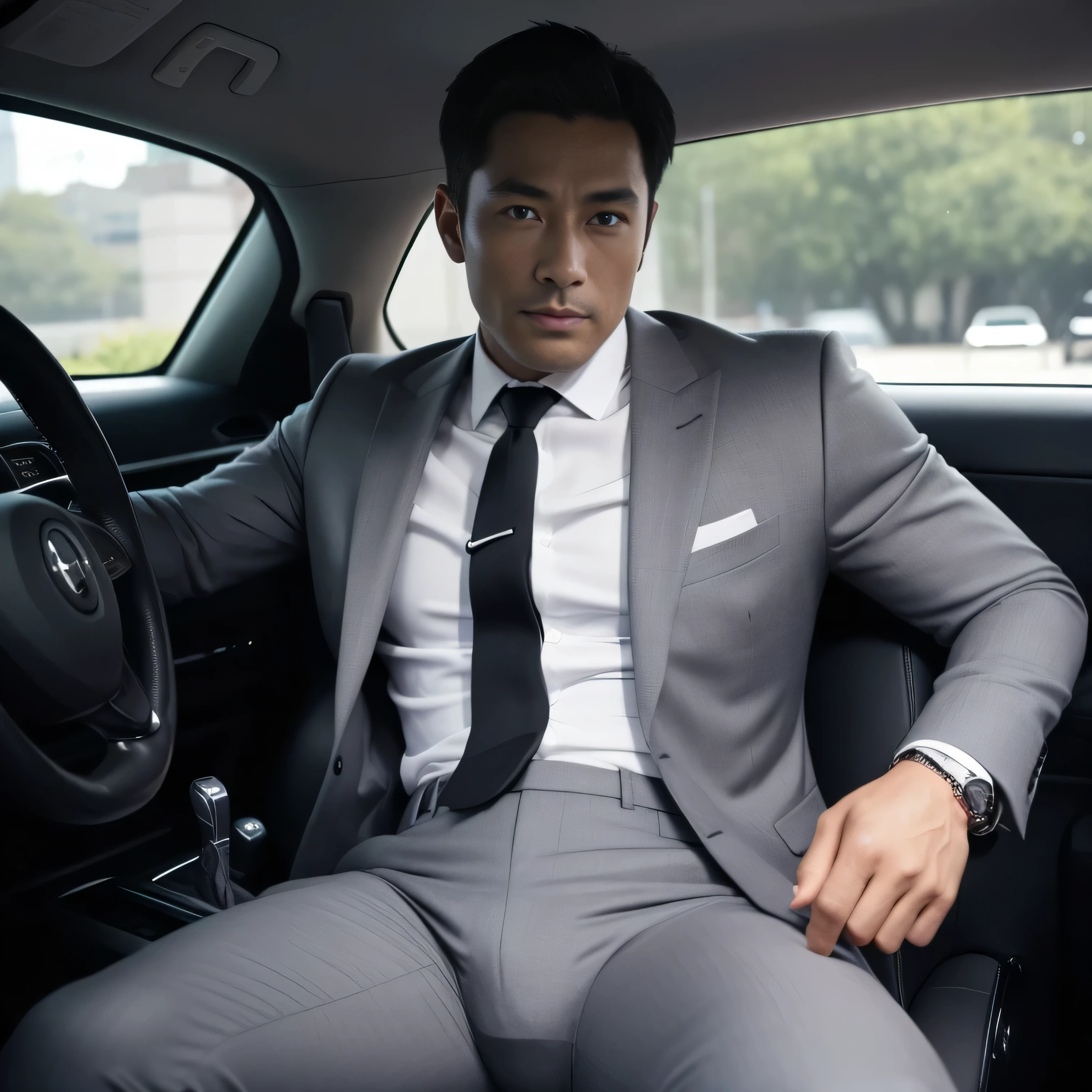 50 years old,One Man,Grey suit,Black tie。Inside the car、squat、Tall dark-skinned man、Dark Asian face,muscle,Gay ,7:3 parting / all back,Stubble、Sitting with legs open、erection、The crotch area is bulging、Stubble,Asian man's face,Hermes Belt。Black socks、View from the front