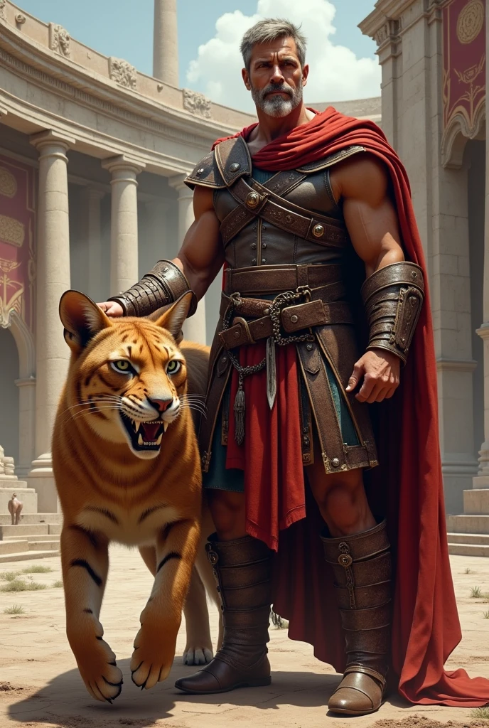 A roman beast tamer with a smilodon by his side 
