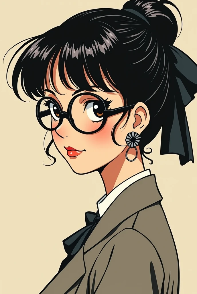 A ladylike girl with a black bow and black glasses,60's anime,japanmanga style,close up,active,aristocracy,masterpiece,high
detailed, shiny, clear line