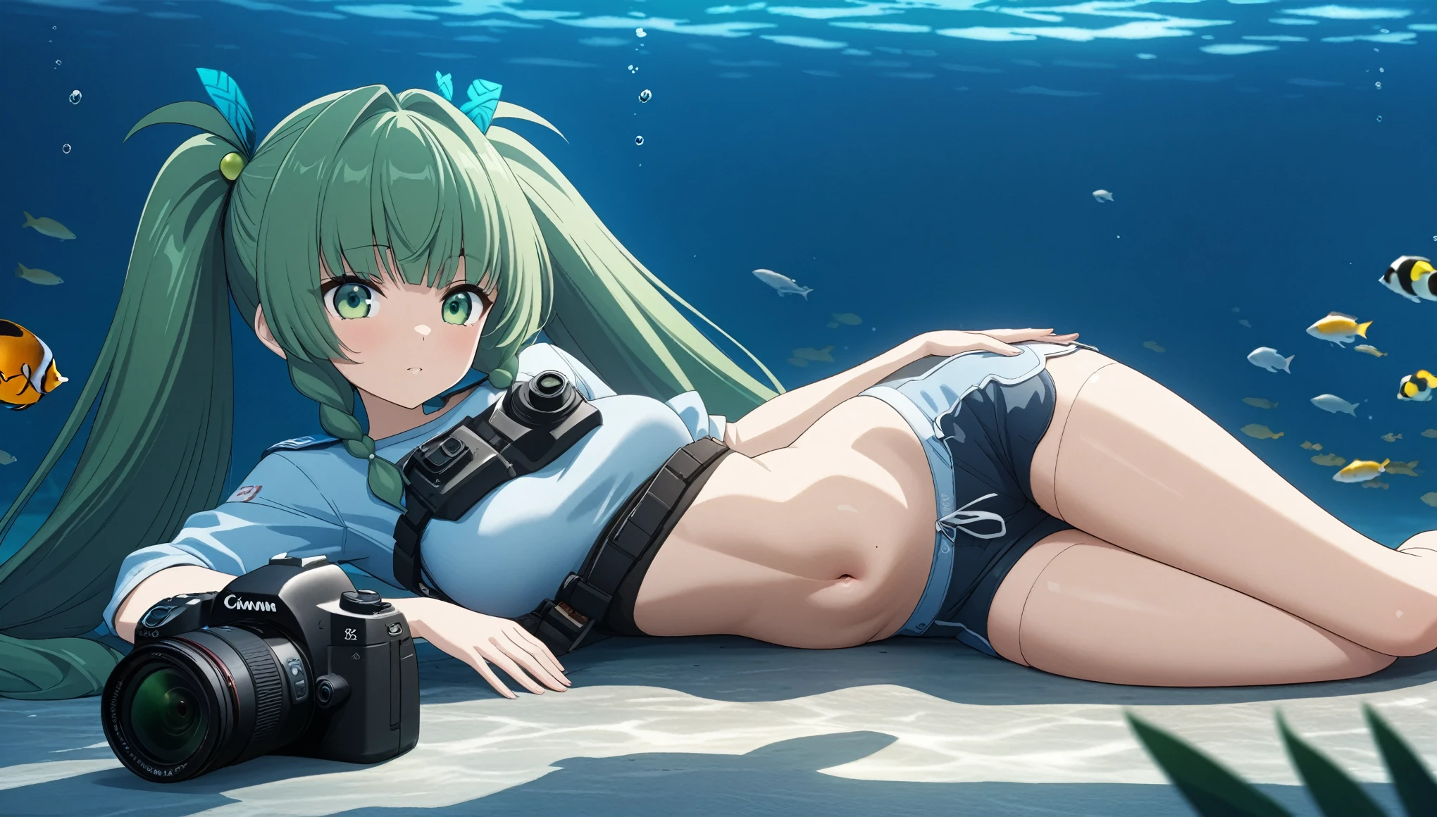 1 anime girl:1.3，masterpiece，high resolution，Anime Art，Anime Numbers， 4k anime wallpaper，Soft Light，Radiant Skin，Looking at the camera，Solitary，Lying on your side，Half of the camera is underwater，Green twin ponytails，Full and firm breasts，There are two red lines on the belly，(Green eyes: 1.3)，shorts，Tropical Fish