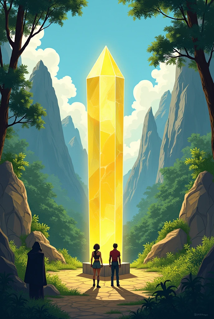 Style dessin, belle journée ensoleillée
au millieu d'une clairière luxuriante entourée d'une jungle epaisse parsemée d'énormes rochers montagneux acéré . Un superbe menhir de cristal jaune transparent, posé sur un petit socle métallique rectangulaire illumine la clairière de son éclat. Un couple d'aventuriers futuristes examine de pret le cristal géant. Un vieil homme vêtu d'une sombre cape à capuche lui couvrant la tête les observent paisiblement.