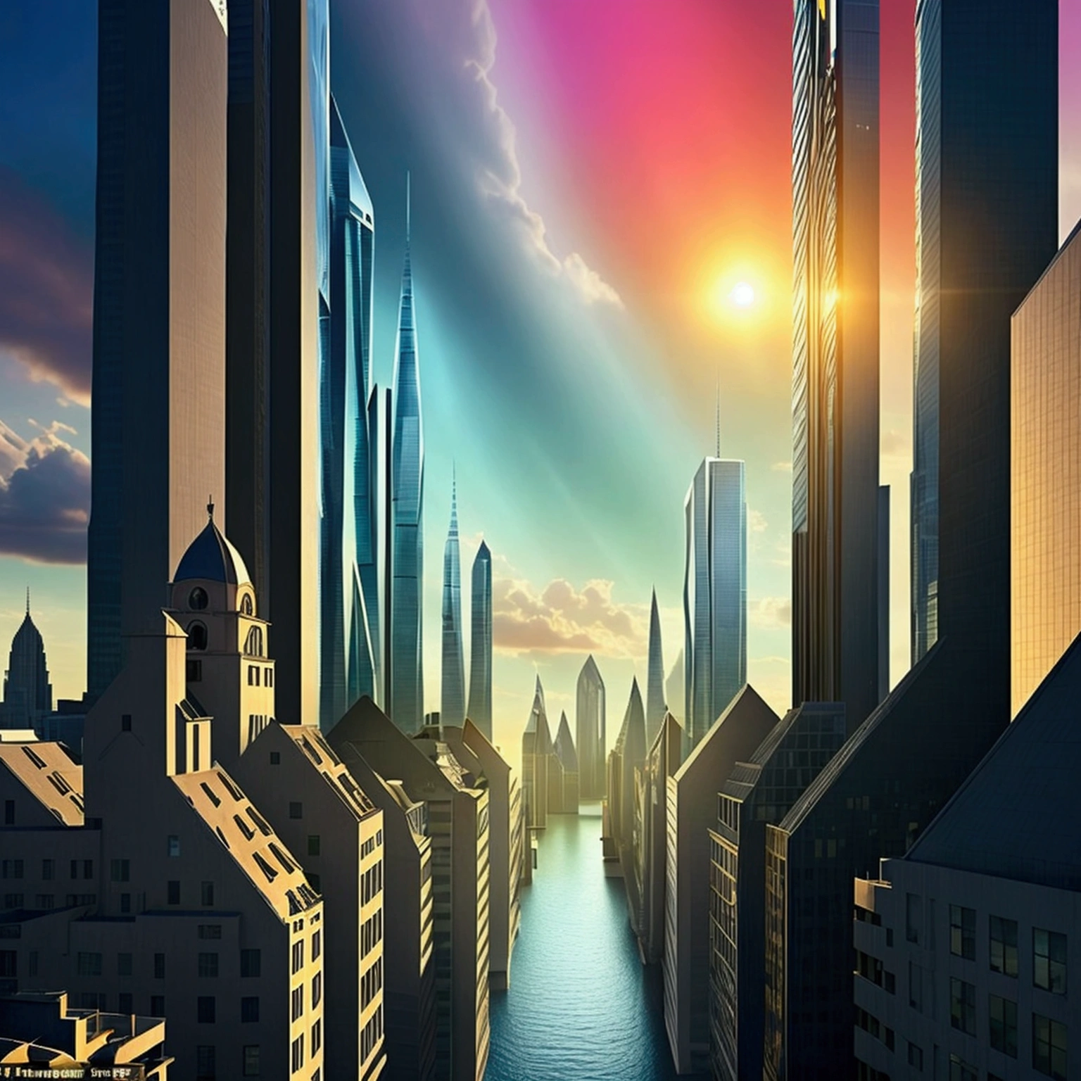  A city built on the edge of reality, with gravity-defying skyscrapers twisting and turning into impossible shapes. The sky is a mix of vibrant pastels and stormy clouds, with floating islands and surrealist elements like melting clocks and giant eyes watching over the city.