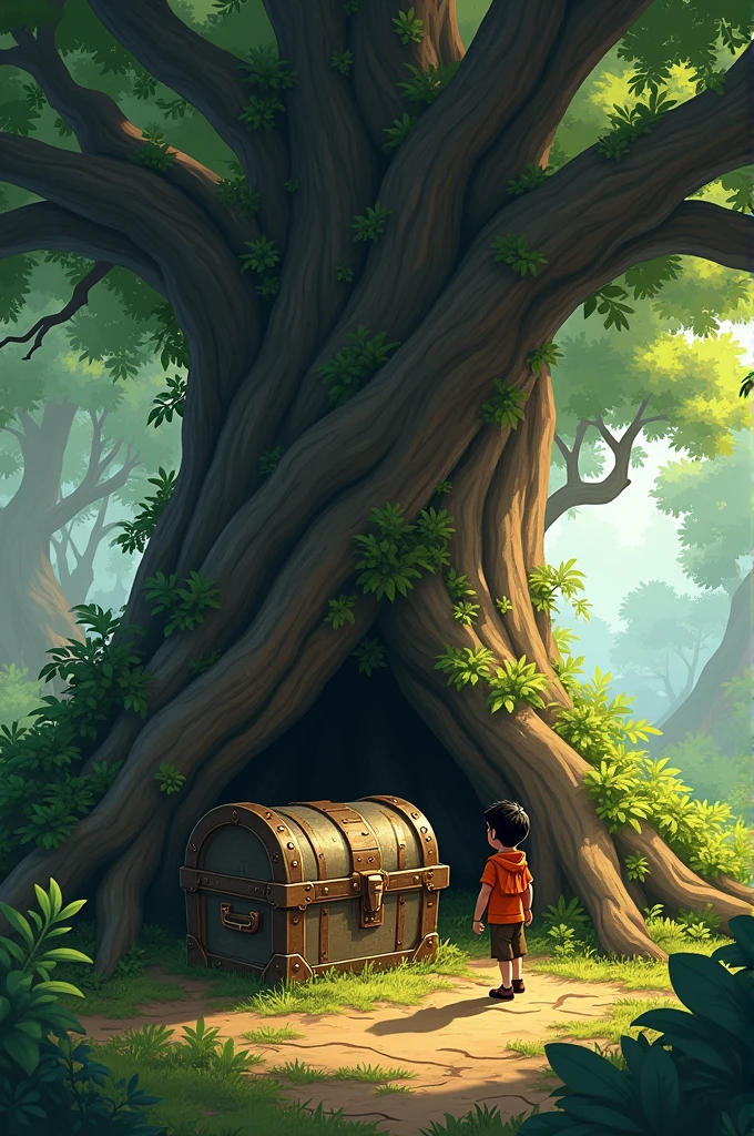 Aarav and Momo discovering a mysterious old chest partially buried under a large oak tree.
- The chest should look ancient, covered in vines and dirt.
