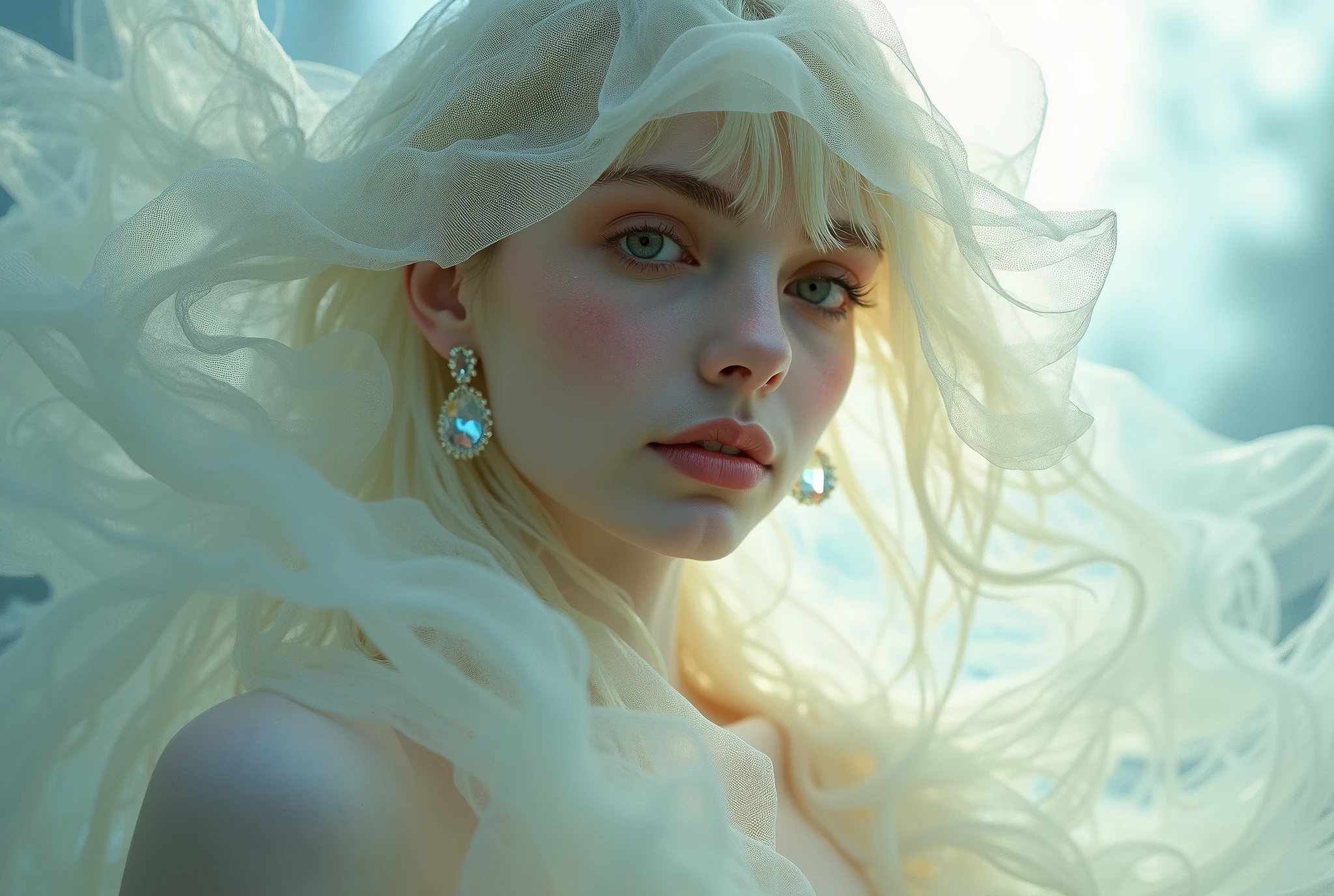 Abstract style hauntingly ethereal portrait of a mysterious figure draped in translucent fabric, crystals adorning their hair, amidst a dreamlike swirl of pastel hues and soft light, evoking a sense of calm serenity and elusive beauty, high detail, award winning masterpiece with incredible details . Non-representational, colors and shapes, expression of feelings, imaginative, highly detailed
