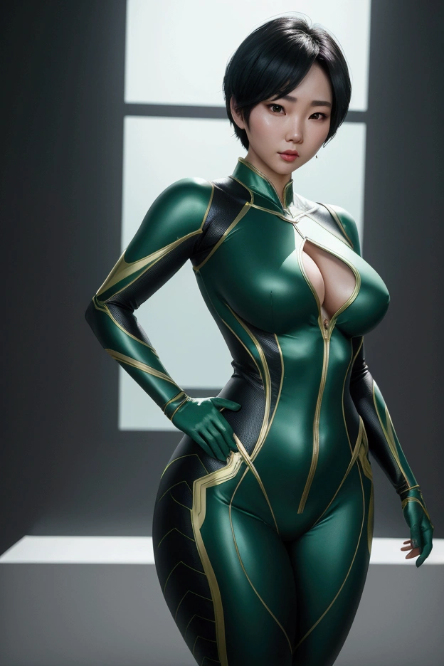 a beautiful korean woman, wearing a light green costume, superhero, tight clothing, black hair, short hair, curvy hips, busty, standing, frontal 3/4 body view, (best quality,4k,8k,highres,masterpiece:1.2),ultra-detailed,(realistic,photorealistic,photo-realistic:1.37),vibrant colors,dramatic lighting,cinematic composition, small face, cute face.
