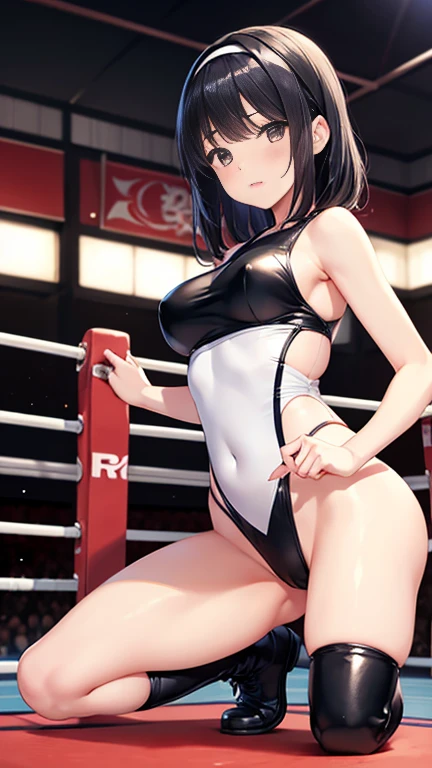Highest quality、Very delicate and beautiful、Japanese、Girl、in addition、Chiquita、Black Hair、Straight hair、hair band、leotard、Wrestling Ring、Wrestling boots,discovery,Professional wrestling matches,The whole body is displayed from head to toe、Fighting Pose