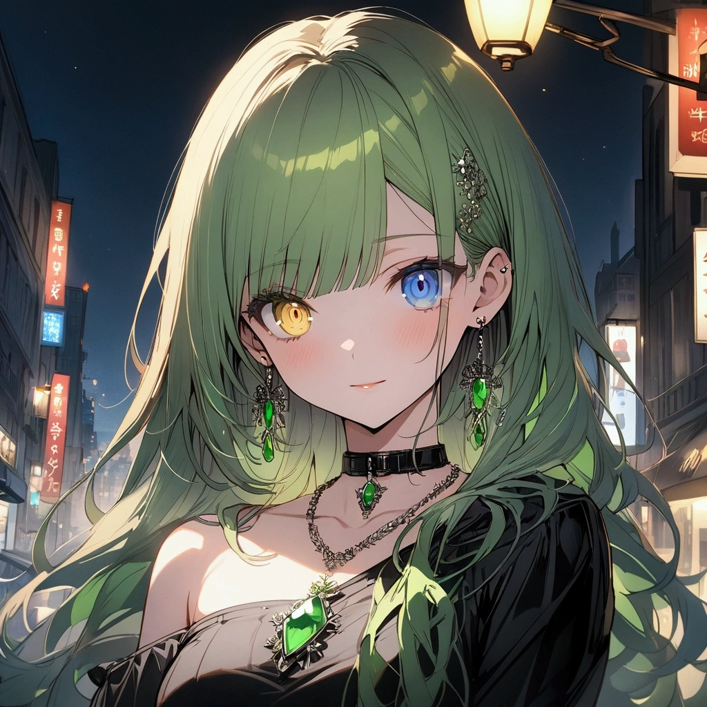 (((anime))) One woman,Gal,long hair,(Green Hair),Oblique bangs,Black headband earrings,necklace,(Green Gem),Collar with jewels,Gemstone light reflection cool,Look this way,Heterochromia iridis,Blue eyes,(Yellow Eyes),Big pupils One-shoulder dress,Volume sleeve,(black),HISUI logo,Green Night,City of night,signboard,Street lamp light,Backlight,masterpiece,Highest quality,Exquisite,8k,Absurd,Ultra-fine illustrations,(View your viewers)