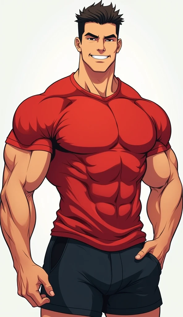 best quality, masterpiece, fill frame, zoomed out, full body, manga style, poster of handsome man, athletic build, smile, wearing plain red tshirt and black shorts, lifting a barbell, perfect fingers, perfect hands, perfect face, perfection, no background