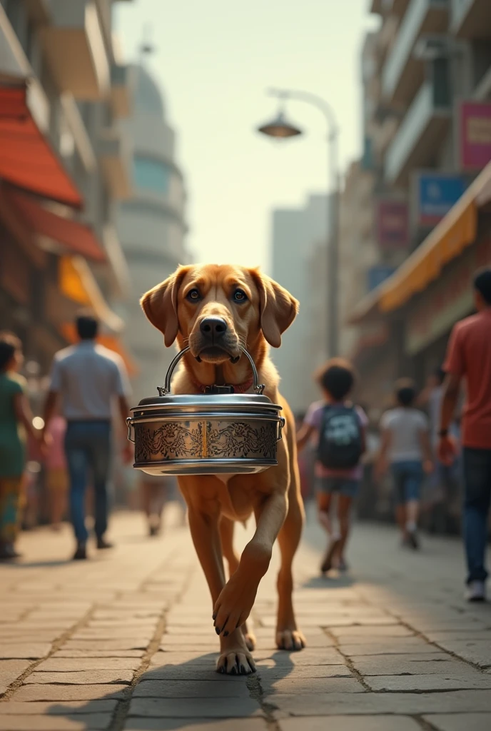 A dog is going to deliver tiffin