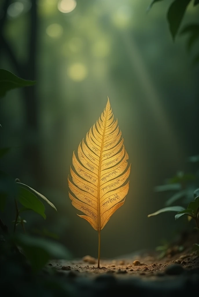 A single palm leaf, inscribed with Sanskrit verses, floats gently in the air. The leaf glows with a soft, ethereal light, symbolizing the immortal wisdom contained within it. The background is blurred, focusing entirely on the leaf as it drifts upwards, carried by a gentle breeze. The glow intensifies, casting a warm light around it, as if the knowledge it holds is spreading across the world."