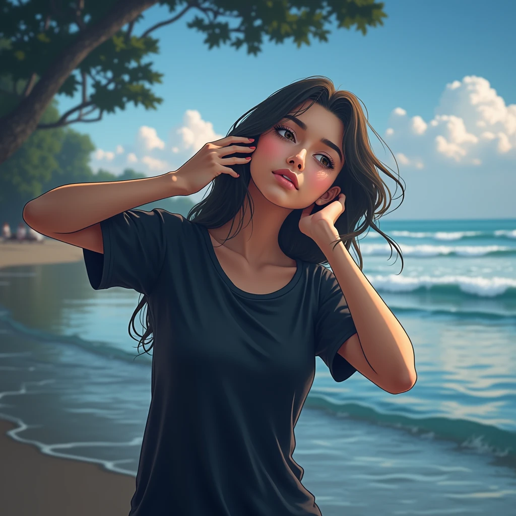 a 20 year-old girl wearing black t shirt, beach