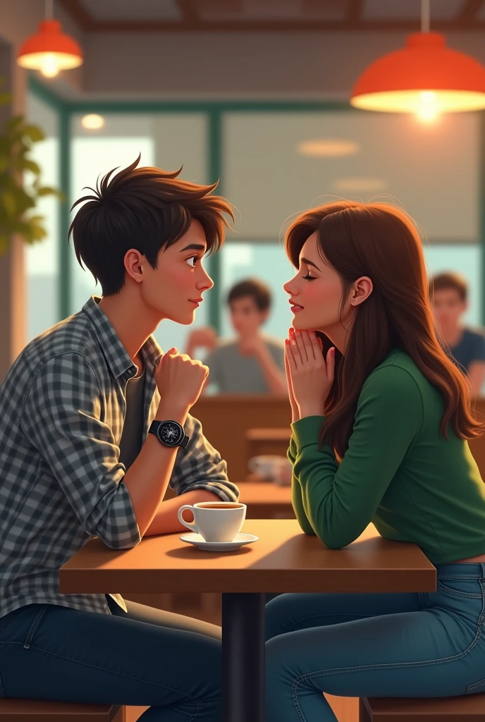 A couple is sitting and talking in the cafeteria, the boy is a little nervous, the boy is wearing a gray check shirt and smart watch, and the girl is wearing a green top and jeans. Both are sitting in cafeteria but not drink coffee aur tea.
