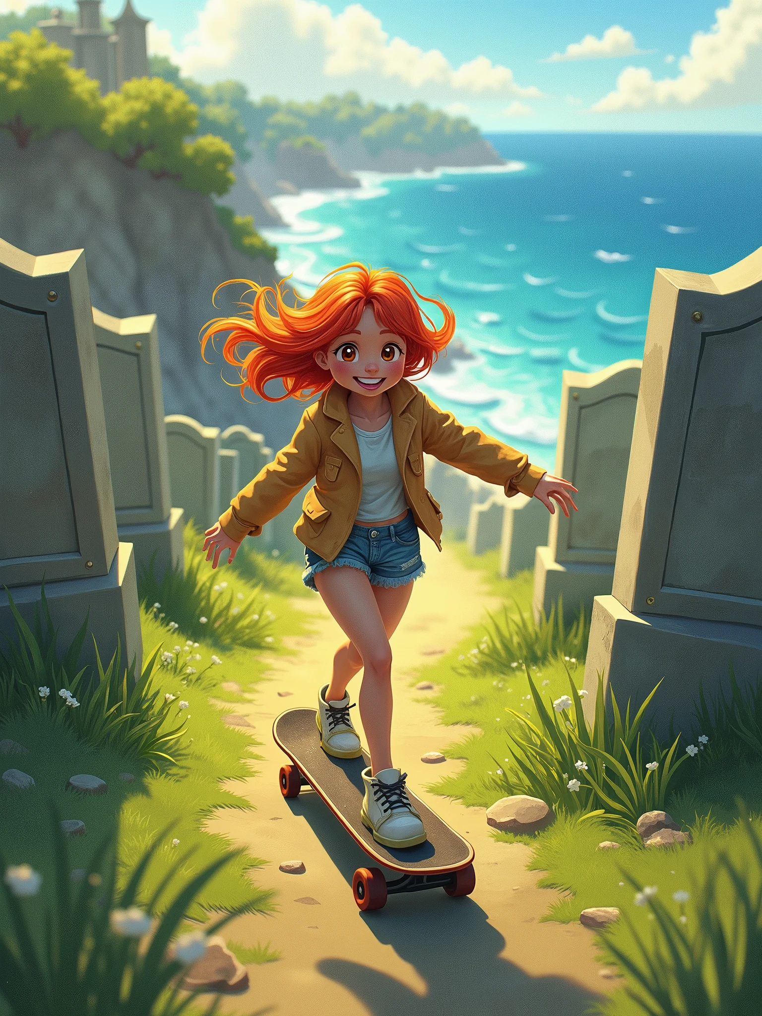 a red haired girl on a skateboard on a cemetery near the ocean at noon