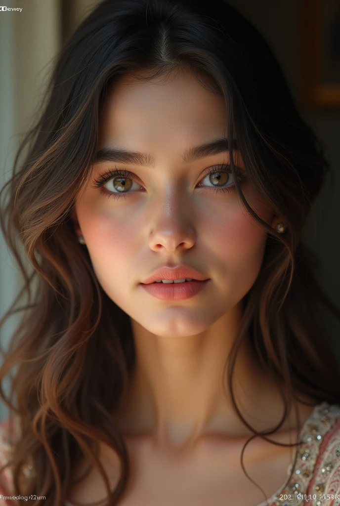 (photorealism:1.2)bangladeshi girl's face:
Her face is soft yet striking, with a porcelain-like, fair complexion that seems to glow with an inner warmth. She has deep, soulful eyes, usually a dark shade of brown or hazel, framed by long, thick lashes that give her gaze an alluring intensity. Her eyebrows are full and gracefully shaped, adding to her refined and expressive look. Her nose is elegant and slightly pronounced, adding character to her face. Her high cheekbones taper down to a delicate, rounded chin. Her lips are full and naturally pink, often set in a subtle, thoughtful smile. The harmony of her features reflects a blend of grace and mystique.