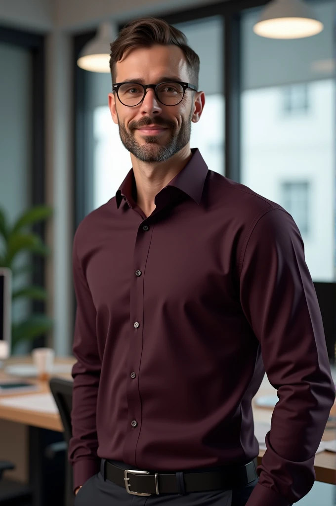 A businessman in dark wine colour shirt with specs
looking confident age of 38 in office