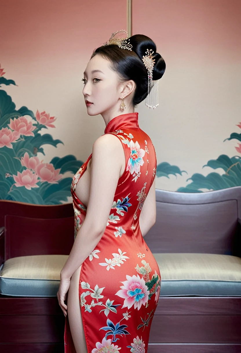 The empress of the Qing Dynasty is wearing a red floral patterned dress, completely naked, with her profile showing and her buttocks sticking out, posing in the luxurious palace of the empress of the Qing Dynasty.