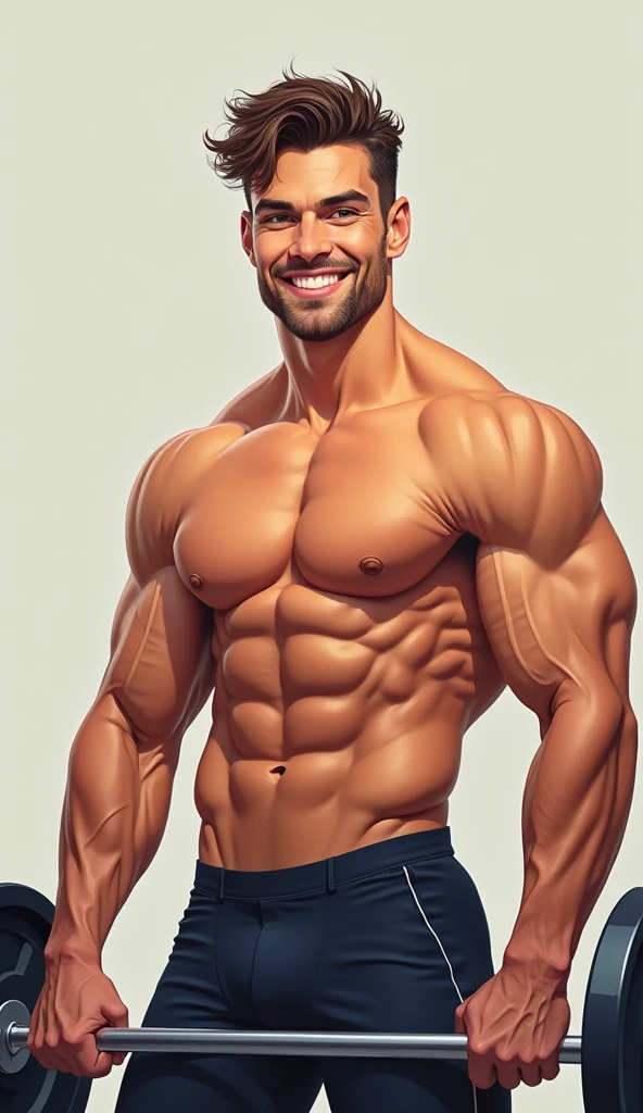 best quality, masterpiece, fill frame, zoomed out, full body, cel shading art, poster of handsome man, athletic build, smile, wearing plain red tshirt and black shorts, lifting a barbell, perfect fingers, perfect hands, perfect face, perfection, no background