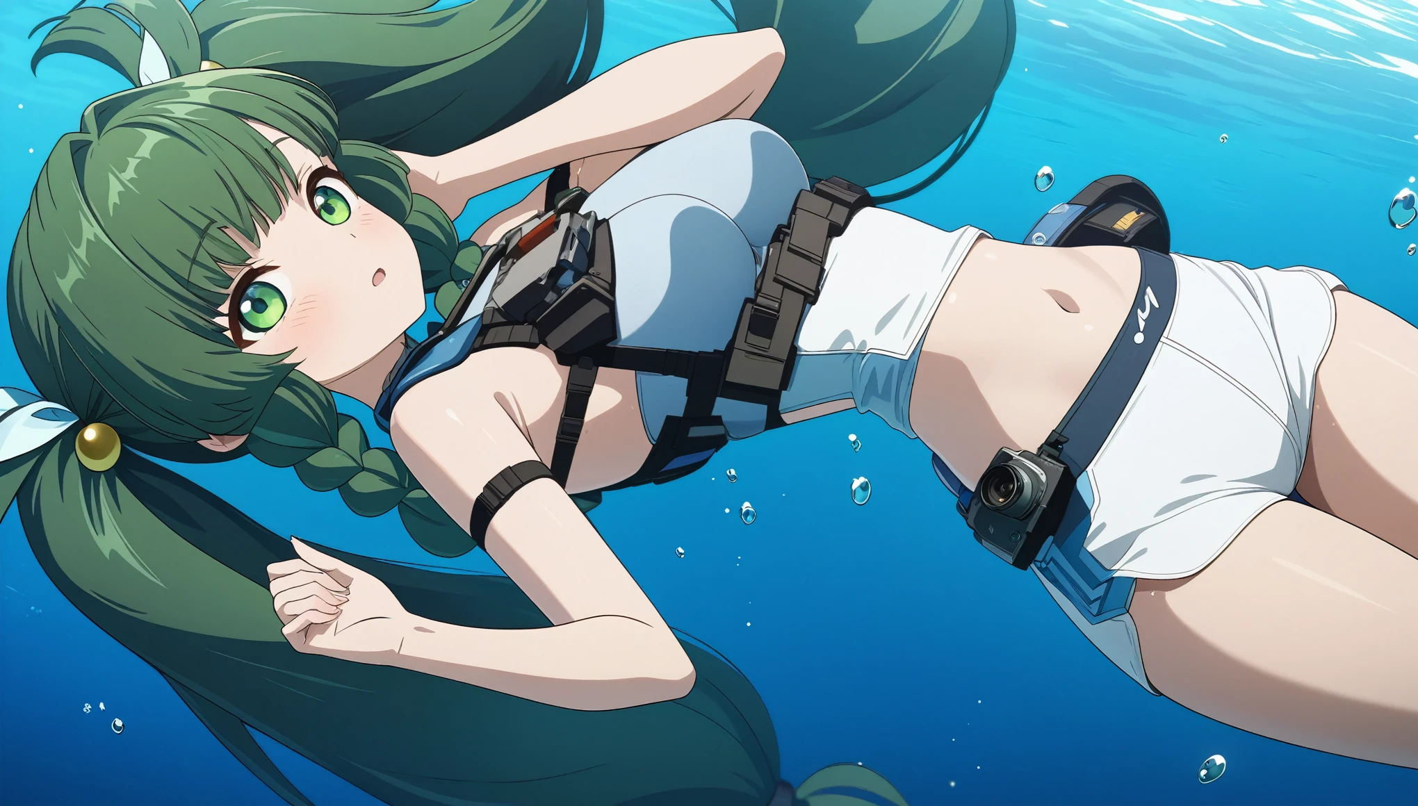 1 anime girl:1.3，masterpiece，high resolution，Anime Art，Anime Numbers， 4k anime wallpaper，Soft Light，Radiant Skin，Looking at the camera，Solitary，Mouth slightly open，Lie on your back in the water，Half of the view is underwater，Green twin ponytails，Full and firm breasts，(Green eyes: 1.3)，White shorts