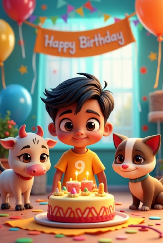 {
"prompt": "A 3D cartoon-like scene of an Indian boy named Krishna celebrating his 9th birthday in a brightly decorated room. The room is filled with colorful balloons, streamers, and a banner that says 'Happy Birthday Krishna.' Krishna, who is wearing tshirt outfit, is standing near a table with a special birthday cake that has his name written on it. Surrounding Krishna are his cute animal friends: a playful baby cow, a friendly dog, and a curious cat, all with big, expressive eyes. The animals are happily gathered around the cake, celebrating with Krishna. The entire scene is vibrant, joyful, and full of warmth."
}