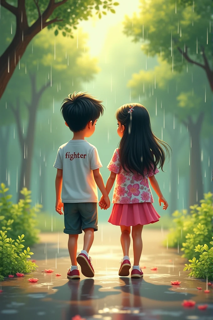 a Indian couples younger age under 10 age , walking in park , rain weather both hands in shoulder enjoying rain
the boy is wearing a white printed shirt , the girl with pink white mix printed shirt and without in shirt,stylish and boy name with "FIGHTER" small written on it's back , girl name with "SPANDANA" small written on it's back , in big and bold fonts, 3d illustration
