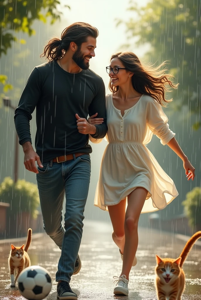 A couple, long sleeve black shirt  , skinny guy with long hair and low beard boy And A girl who is long sleeve white dressed,head bend,wristband and wear eye glasses, and some cat are enjoying rain and they are running here and there with  football together 