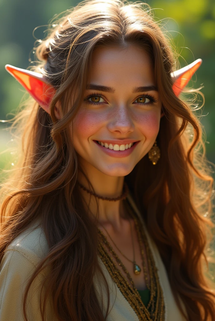 ((best quality))) (((HD))) (((8K))) (Features) 20 year old girl, ((adventure)) Elf, ((beautiful)) and ((Happy)), ((Brown hair)) and ((Long hair)).