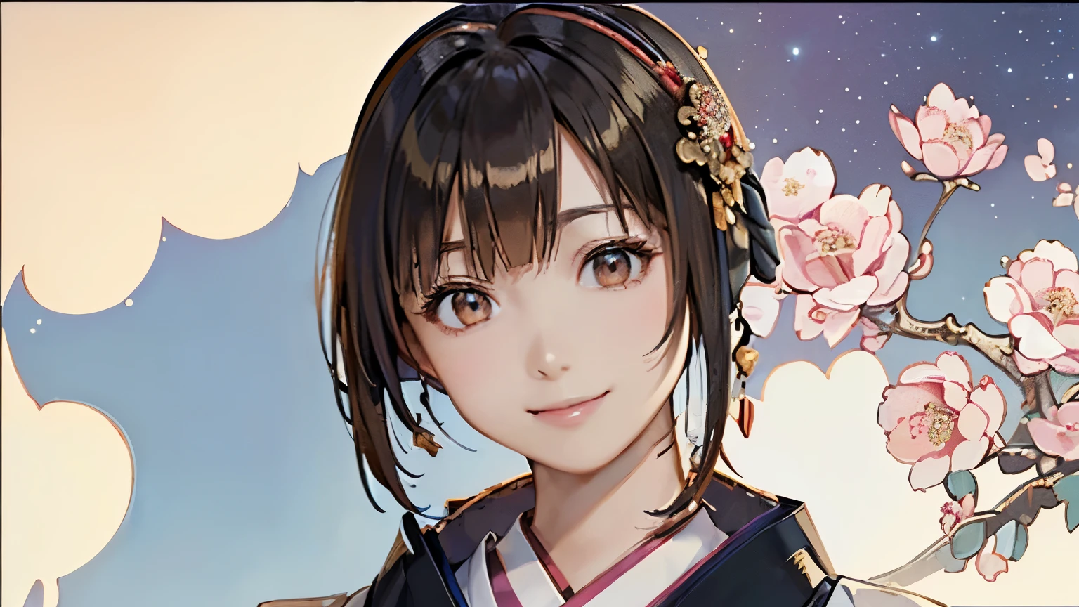 ((a closeup, top-quality, high detailing, rich skin detail, nffsw)), (Best Quality, 8K, Oil Painting, masutepiece:1.2), ((top-quality, 32K, nffsw:1.2)), (Raw photography), (realistic), (Photorealsitic:1.2), (((high resolution))), ((ultra-detailliert)), ((extremely beautiful face and eyes, 1girl in, round small face, big breasts thin waist)), (((upper body shot))), (((bust shot))), (((Short hair))), (((Girly hairstyles))), (((She wears kimono))), (((kindly smile))), (((Laughing))), (((emphasis on the chest))), (((Hands behind the body))), ((headphones)), ((background: night, starry sky)), ((ukiyo-e style)), ((smile)), ((1 girl)),