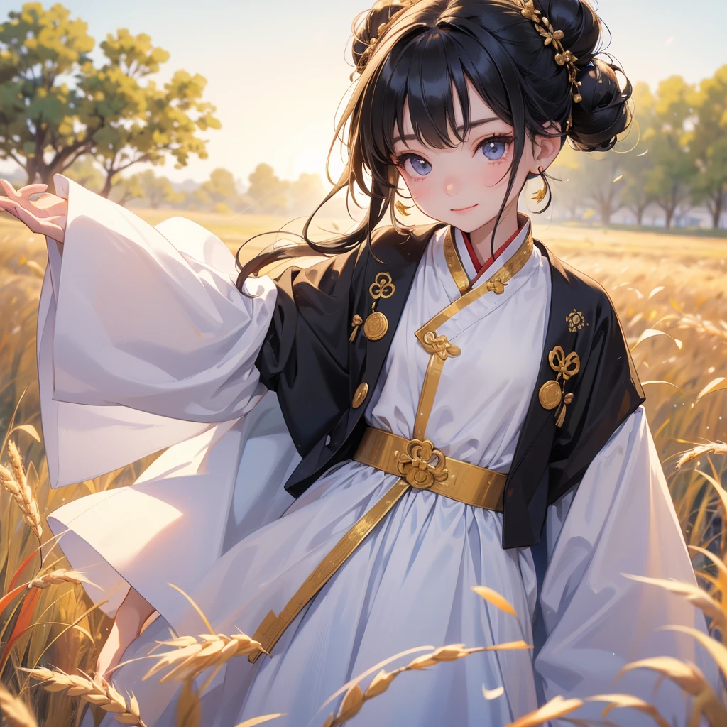 A chibi child girl had a small face and Wearing white little Taoist priest's outfit. A pair of big round eyes shone with curiosity about him. This child was so cute! ,her hair is black with two buns on her hair.small chibi, chibi baby, smiling,The little chibi baby looked up with his chest raised, and his face was old and proud.
Standing in the middle of a wheat field。