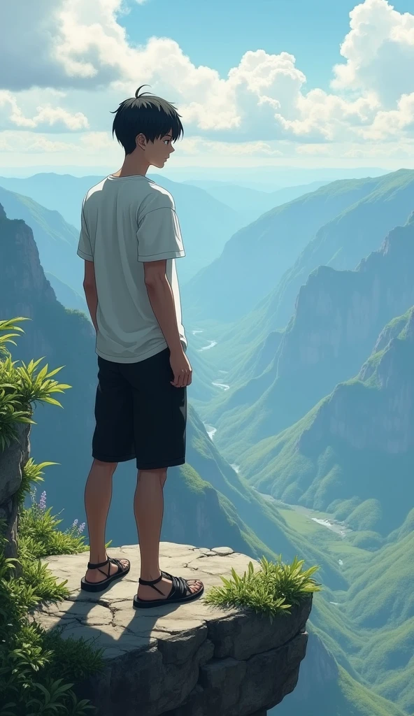 A 18 old man (Indiana face) standing on heights place looking under, (man's upper were color is white, bottom were is black)