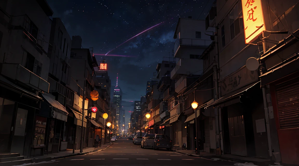 Autumn sky，Xin Haichengのコンセプトアート，tumbler，Magic realism，Beautiful anime scene Beautiful magic hour。by makoto shinkai，（（Xin Haicheng）），Anime Background Art，Anime Background，Xin Haichengのスタイル，Anime movie background，Evening Scenery，Neon Light,Without humans，skyscraper ，--v6