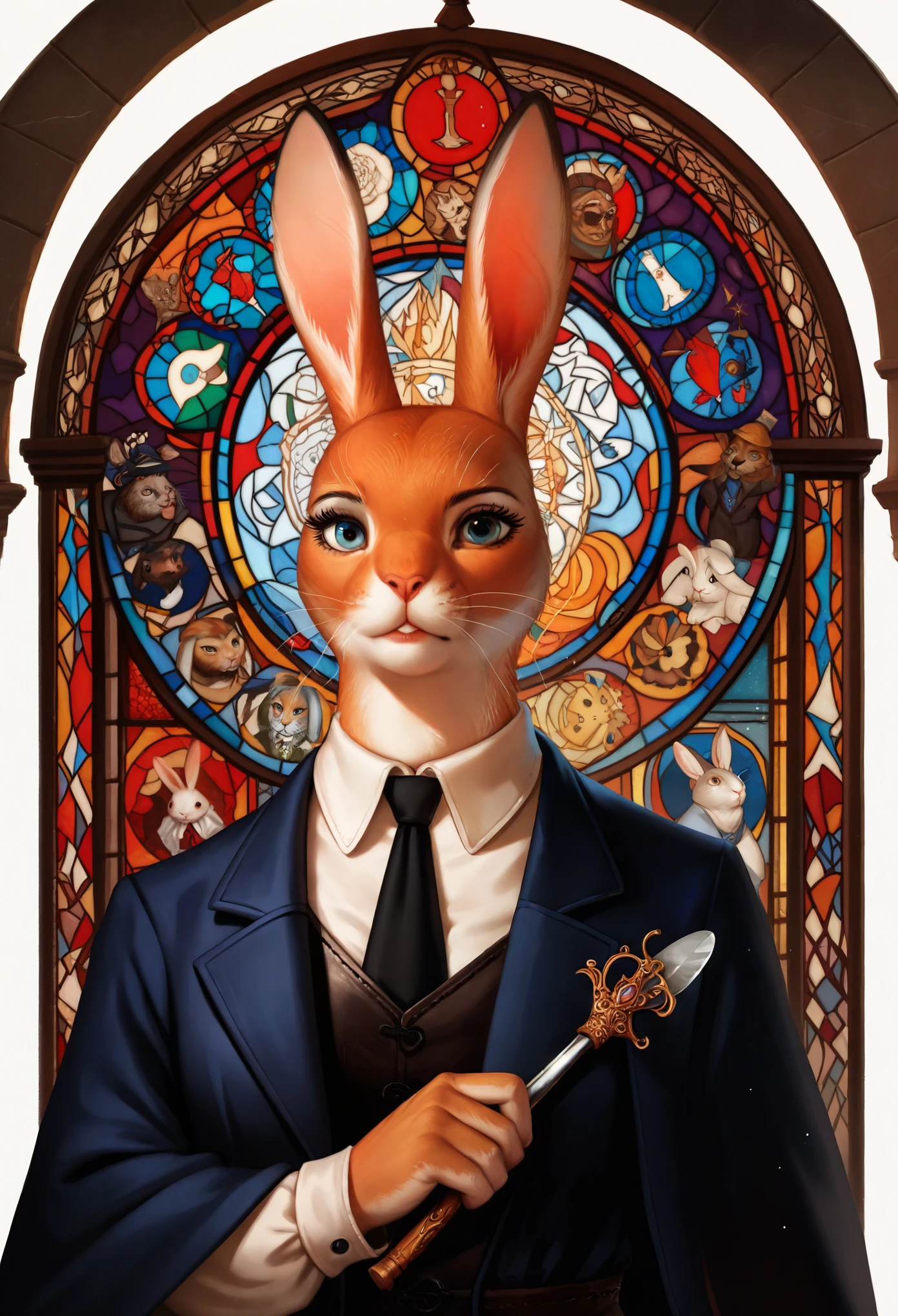 rating_safe, score_9, score_8_up, score_7_up, score_6_up, score_5_up, score_4_up, hires, source_furry, cover_page, medieval times, mystical, Alice in Wonderland, 1girl, Rabbit in a suit, Sil Off from Isometric Anime, stained glass, On White Background, Geometric composition,