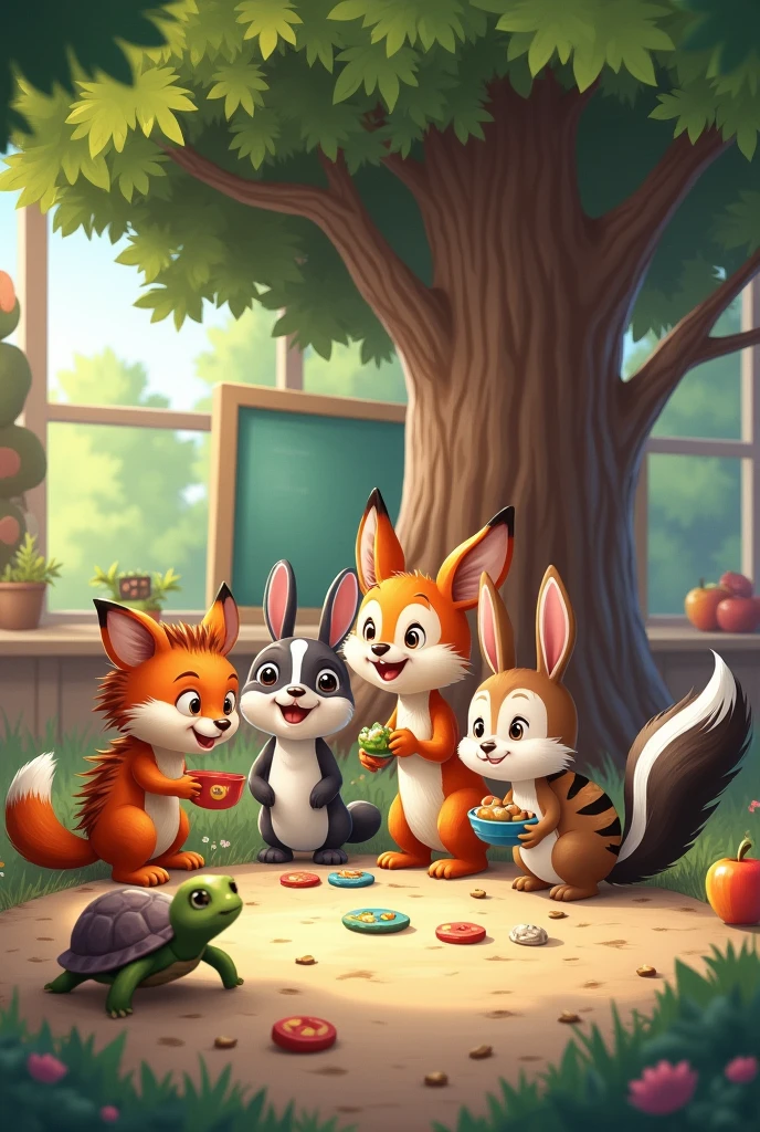 A little turtle a fox a hedgehog a rabbit a skunk a squirrel playing together in kindergarten on a tree for a children's book