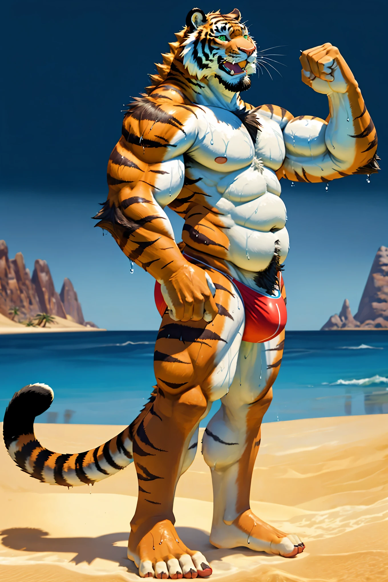 Male tiger、Golden tiger、Completely naked、Huge penis silhouette、Huge scrotum silhouette、Very large amount of pubic hair、very large amount of axillary hair,、Red Bikini、Great smile、Side view、Great smile、Beach Background、Tropical Island、Beach、Hands touching the crotch、Hugely bulging crotch underwear、Nioh Standing Pose、One hand raised pose、Very wet body、Slightly obese lower abdomen、Big green eyes、Sharp toenails,、Composition looking up from below、White, shiny teeth、Wide open mouth、Desert Island Background