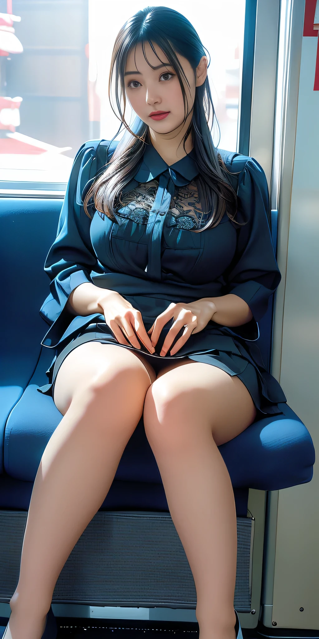 (((Sit well))), Beautiful Japanese woman sitting on a train seat, Taken from the opposite seat, Knee height seat, View Photographer, Tall Woman, One Woman, whole body, (Contemptuous look), skirt, High heels, Wearing pantyhose, ((Highest quality)), ((Intricate details)), ((Surreal)), Mature Woman, Very detailed, (Big Breasts), Perfect hands, Finger details, Beautiful and detailed, Long black hair, Brown eyes, Detailed Background, Perfect Eyes, Captivating eyes, Random Hairstyles