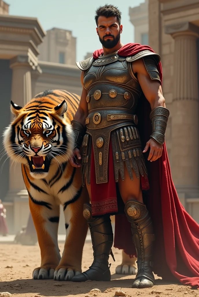 A roman beast tamer with a sabertooth by his side 

