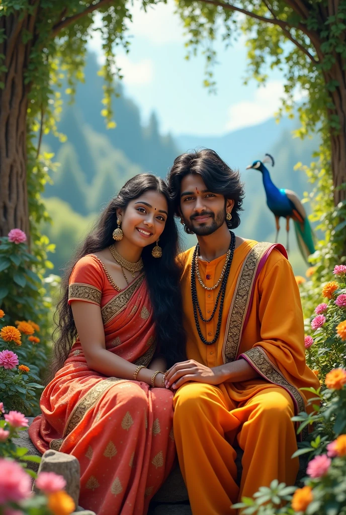 Radha 24 YEAR OLD SITTING TOGETHER WITH A 22 YEAR OLD YOUNG LIKE KRISNHA GUY POSING FOR A PICTURE in village sitting, create high quality realistic image, Landscape of a forest, bight sky, vibrant colors, looking with smile, environment is background is of garden, image should ultra clear, hyper realistic, high quality 4k , peacock and birds