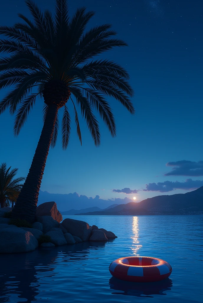 Create a palm tree in the background sea and behind it you can see a party mrile on Mallorca below the palm tree is a swimming ring above there are stars it is night 