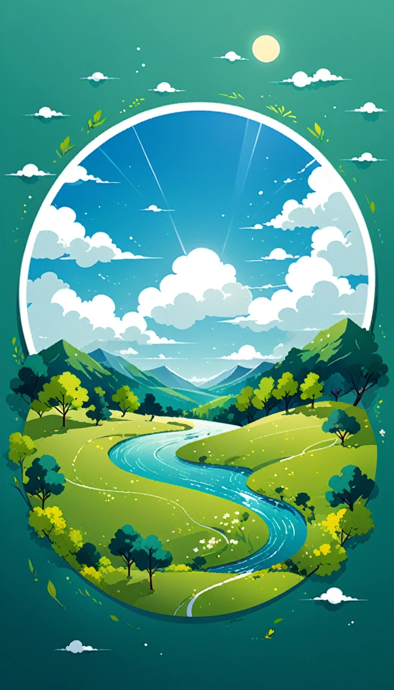 equinox:Sunlight shines through the sparse clouds on the green earth,The sky appears a bright and mild blue,All things are revived。Mobile wallpaper illustration,Nature views, Minimalist illustration, Line illustration, Colorful。circular composition,Flat illustration