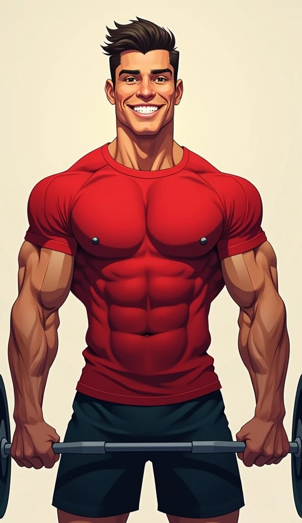 best quality, masterpiece, fill frame, zoomed out, full body, cel shading art, poster of handsome man, athletic build, wearing plain red tshirt and black shorts, grinning while lifting a barbell, perfect fingers, perfect hands, perfect face, perfection, no background
