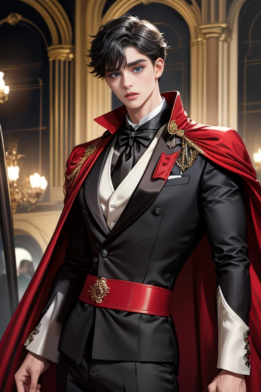 masterpiece, 最high quality, high quality, 1 boy, alone, Male focus, Upper Body,Watching the audience, Messy black hair, Adorable big blue eyes, White, Noble, Noble,A black and red cape that is bursting with sexy volume、Tuxedo、A very voluminous, large, very large, very large, long, long red and black cape with a high stand-up collar, made of a lot of fabric that reaches down to the floor., ,cute beautiful,Cute, cute, kind, handsome guy